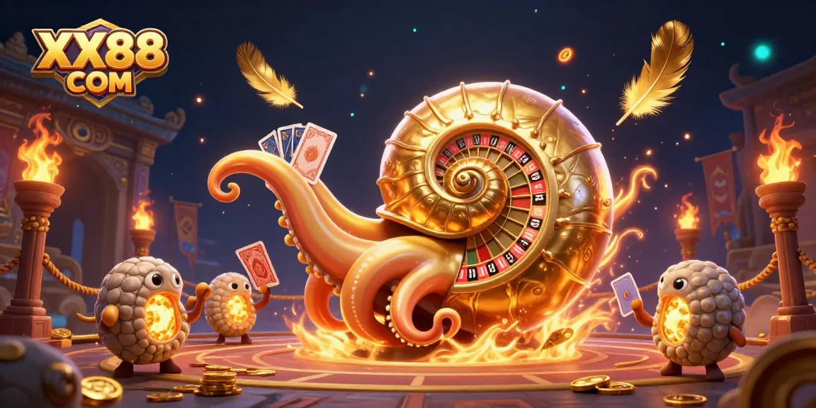 Experience thrilling games at XX88 COM with a vibrant 3D casino scene featuring ancient nautilus and golden elements.