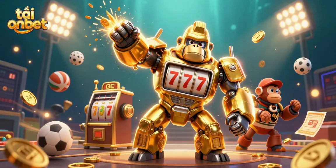 Experience the excitement of tải onbet with a 3D golden gorilla mech and flying sports elements.