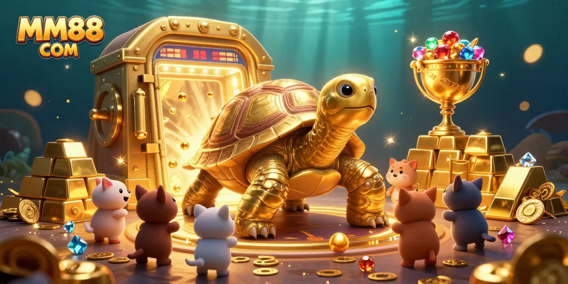 Experience the excitement of MM88 COM with a vibrant casino scene featuring a colossal golden tortoise and treasure vaults.