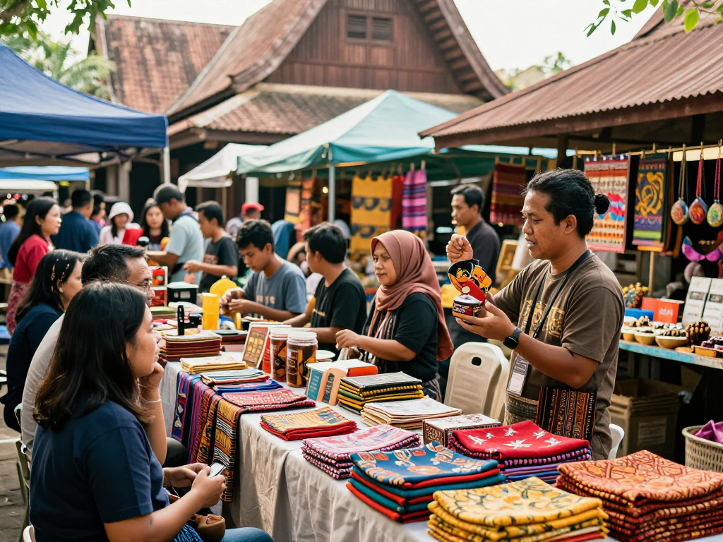 Exploring local UMKM products at Rokok88 marketplace filled with vibrant arts and crafts.