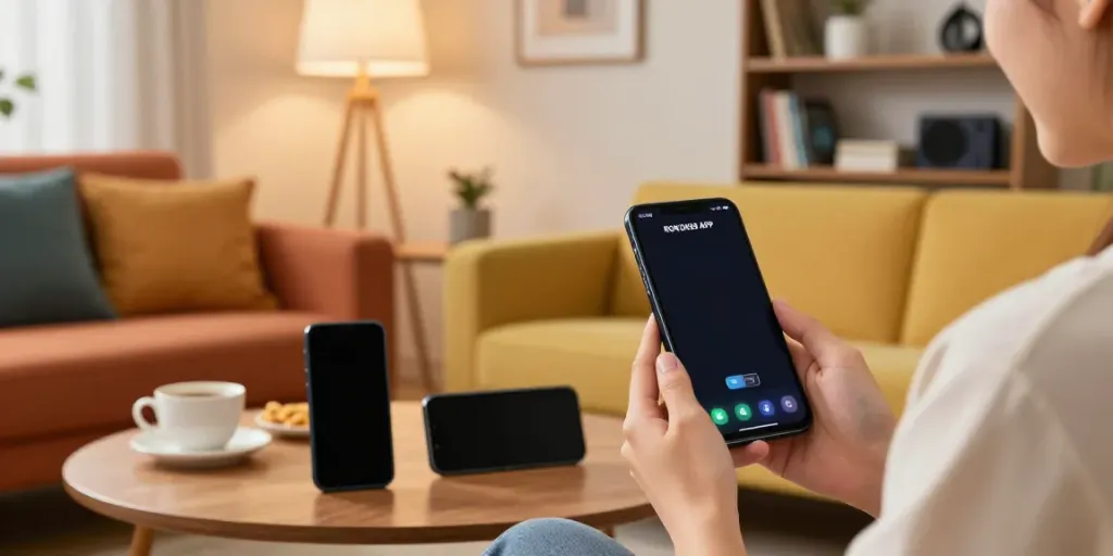 Downloading ROKOK88 link on a smartphone in a cozy living room setting.