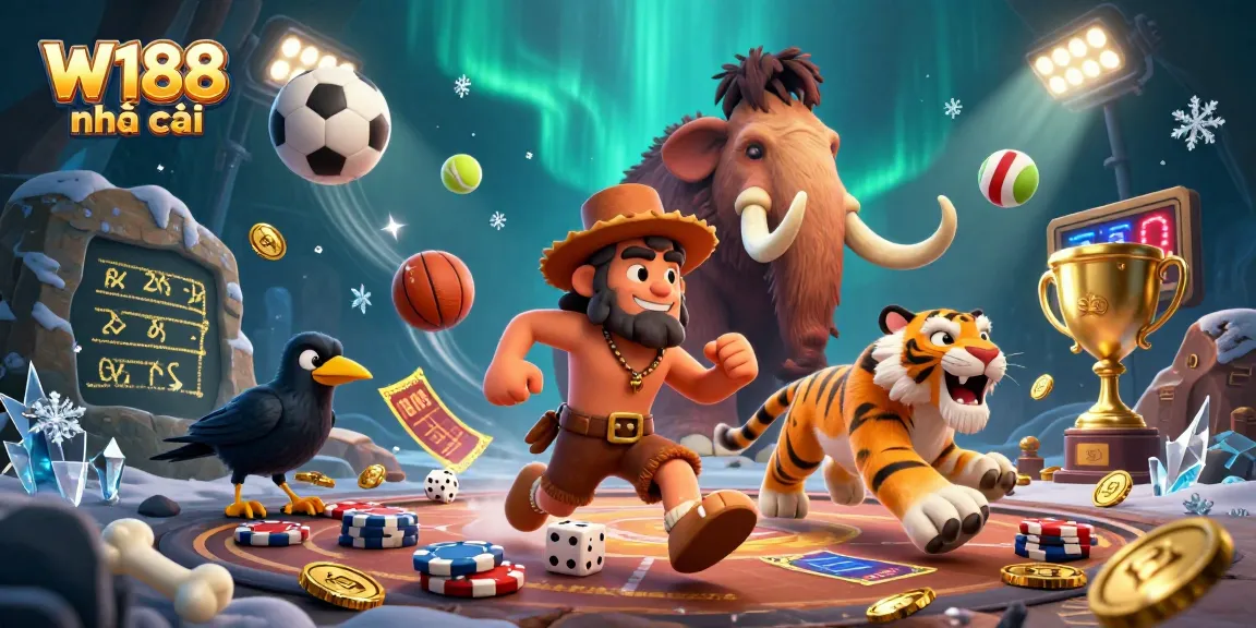 Engage with W188 nhà cái in a vibrant prehistoric casino scene featuring unique characters.