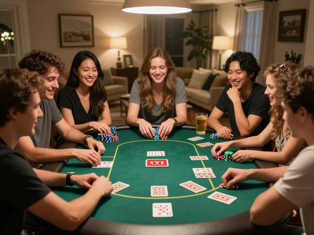Friends enjoying a lively poker night at home using lc88 for strategic gameplay and bonding.