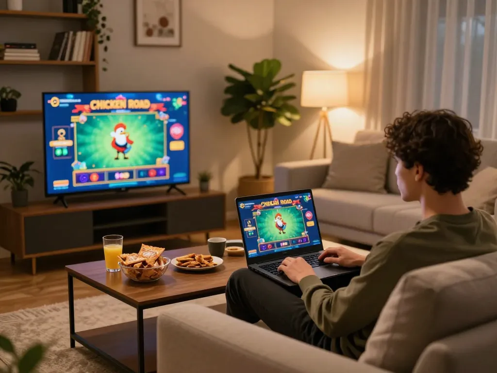 Giocatore impegnato nel gioco online Chicken Road da casa, godendo di un ambiente accogliente e snack.