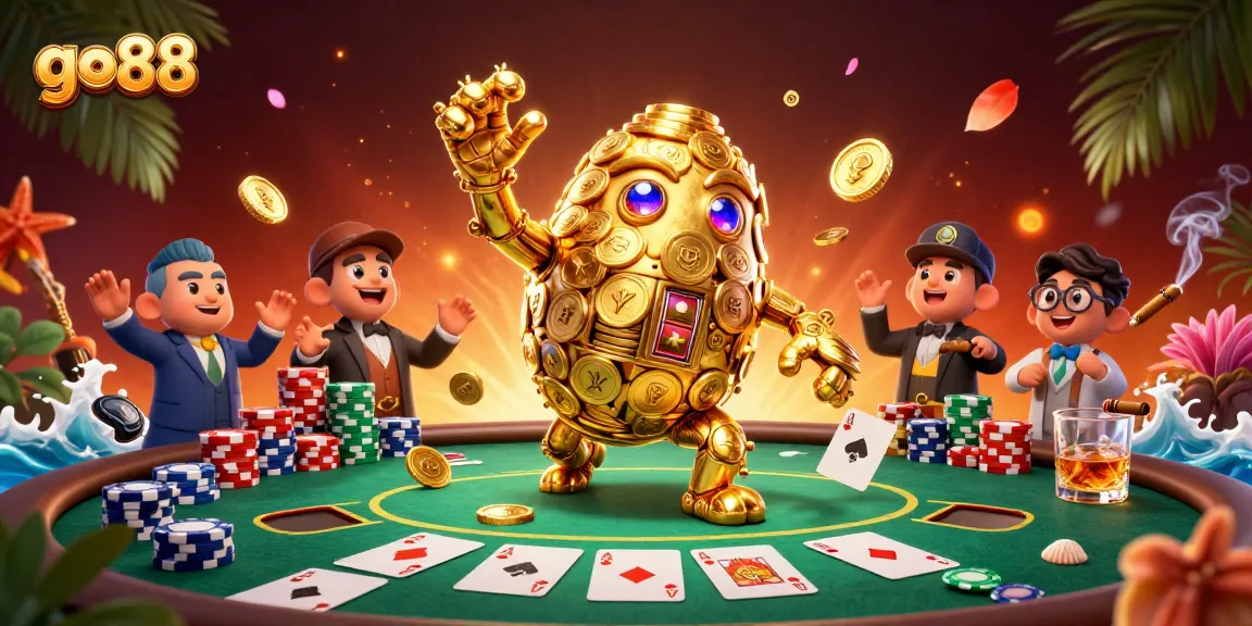 Win big at go88 with an exciting 3D casino scene of a golden golem and poker elements.