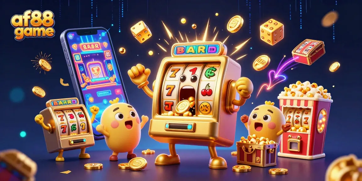 Experience the thrill of af88 game with excited slot machines celebrating jackpots and golden coins!