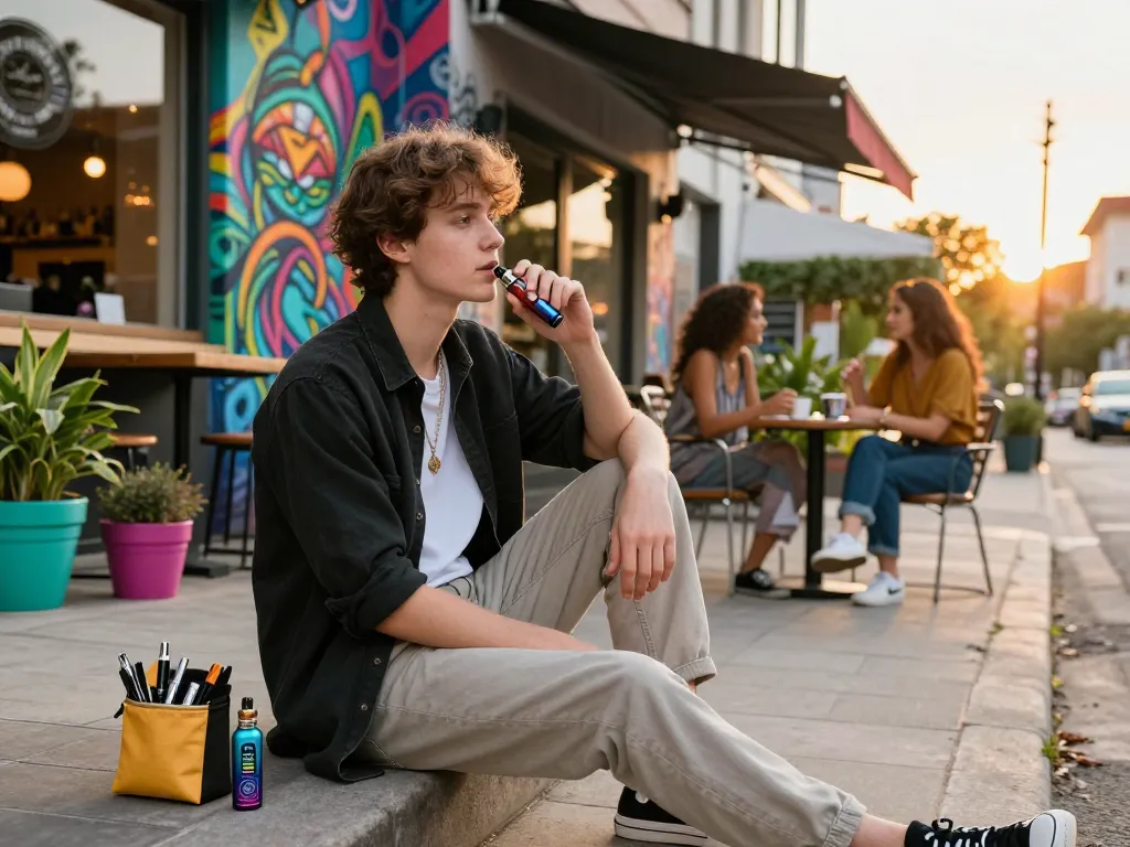 Divertendosi con una penna THC Italia in un vivace contesto urbano con amici.