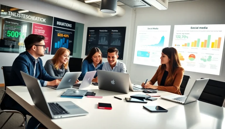 Social Media Marketing professionals collaborating in a modern office.