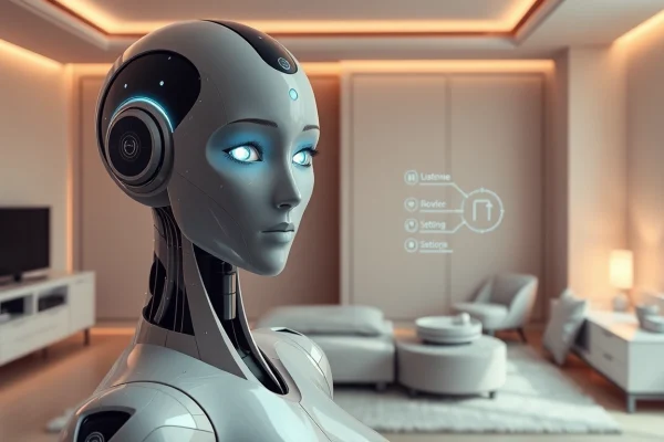 Engaging sex bot in a modern bedroom, showcasing advanced AI features and interactive design.