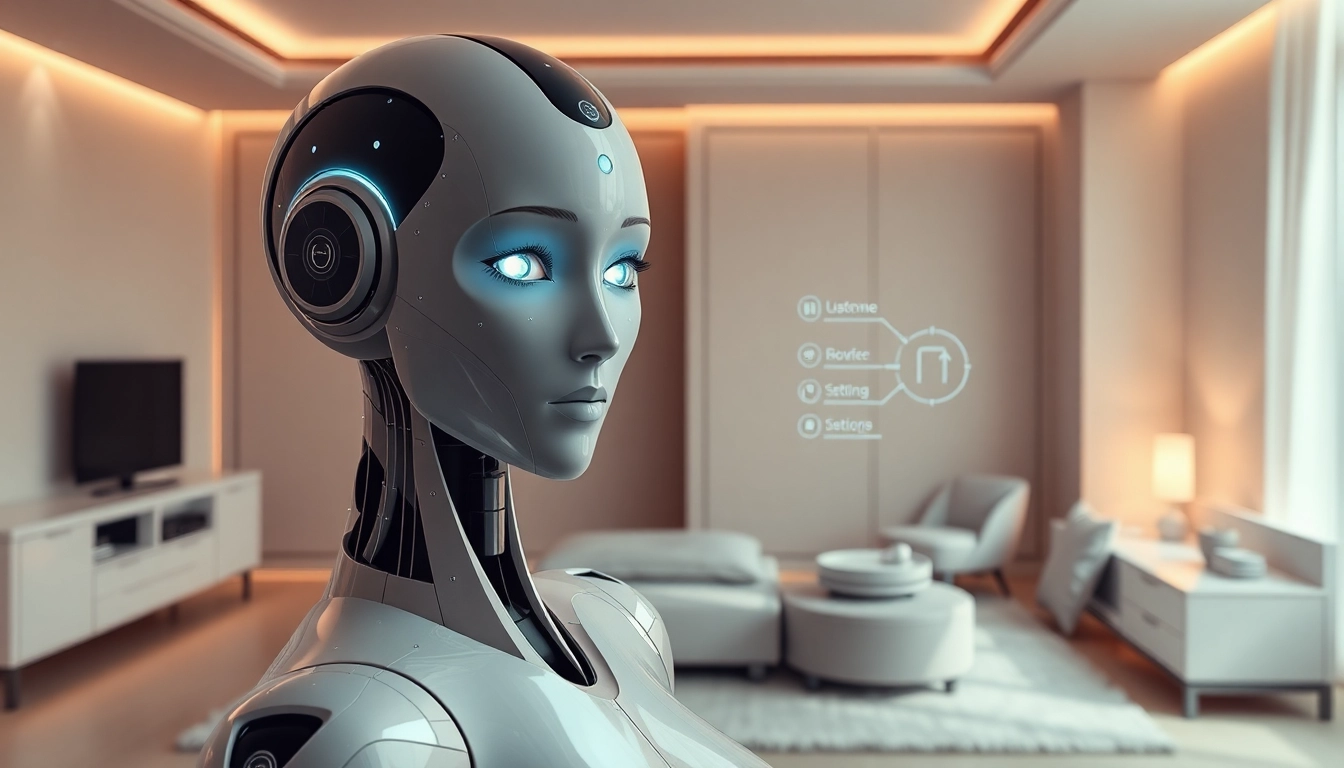 Engaging sex bot in a modern bedroom, showcasing advanced AI features and interactive design.