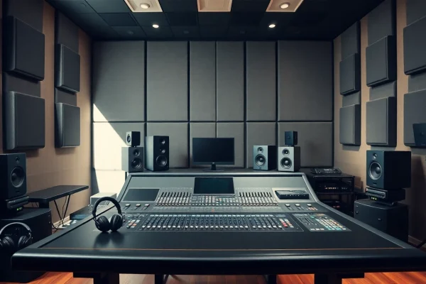 Experience online audio mastering in a vibrant professional studio filled with advanced audio equipment.
