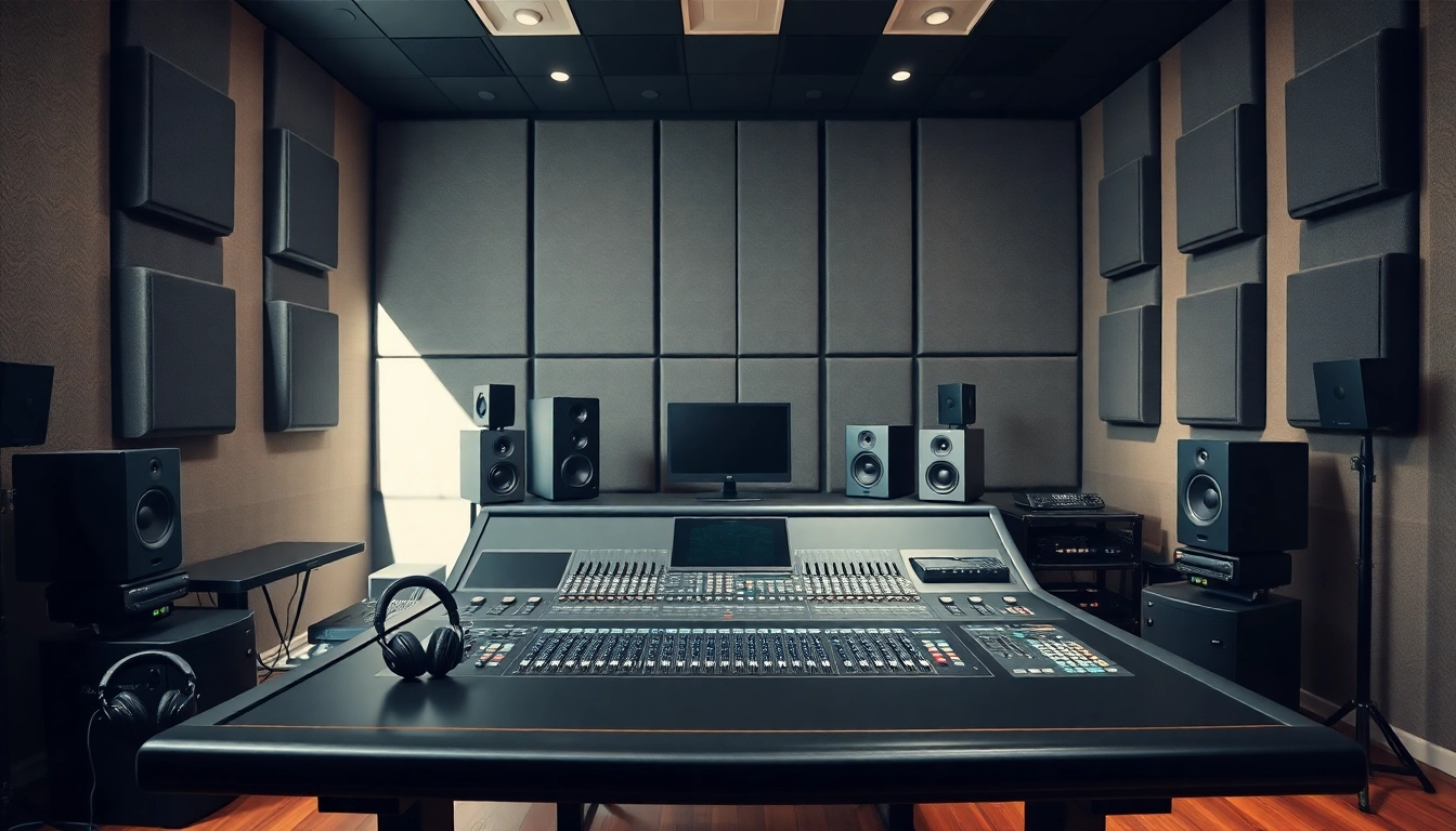 Experience online audio mastering in a vibrant professional studio filled with advanced audio equipment.