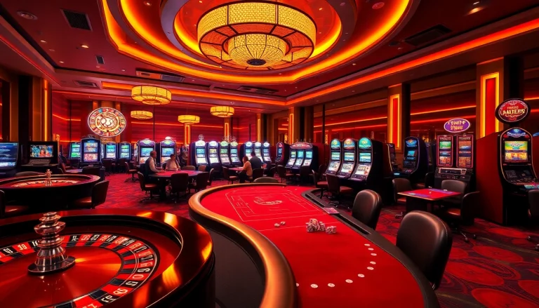 Exciting casino scene with roulette wheels and poker tables showcasing 789f online gambling.