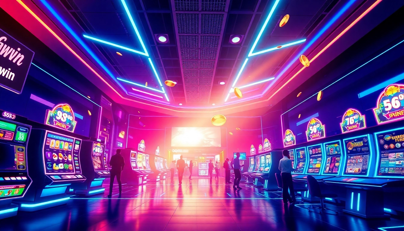 Experience the excitement of 555win with a vibrant gaming interface featuring thrilling slot machines and dynamic lighting.