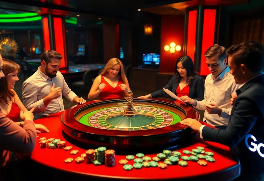 Players engaging at the Go8 casino roulette table enjoying thrilling bets and vibrant atmosphere.