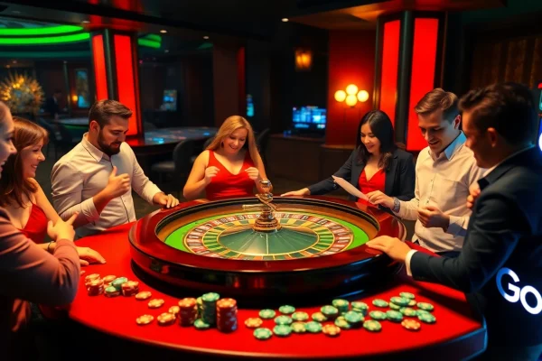 Players engaging at the Go8 casino roulette table enjoying thrilling bets and vibrant atmosphere.