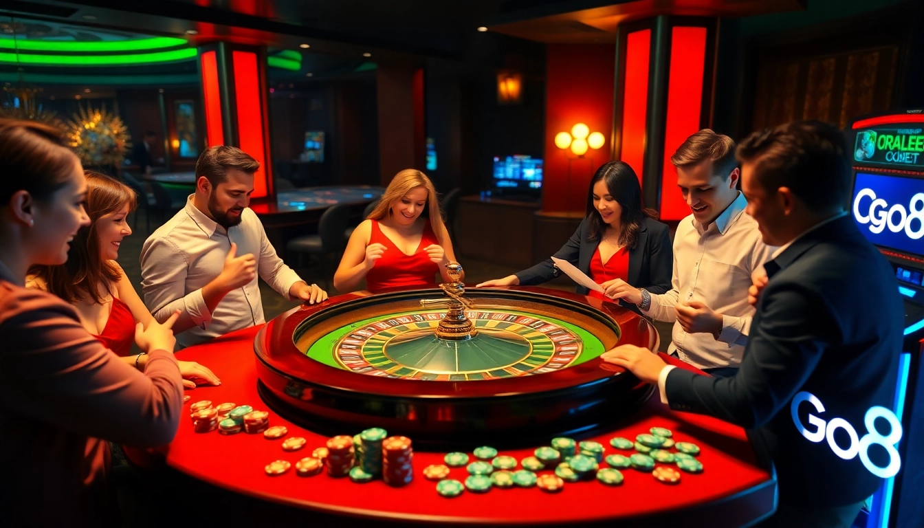 Players engaging at the Go8 casino roulette table enjoying thrilling bets and vibrant atmosphere.