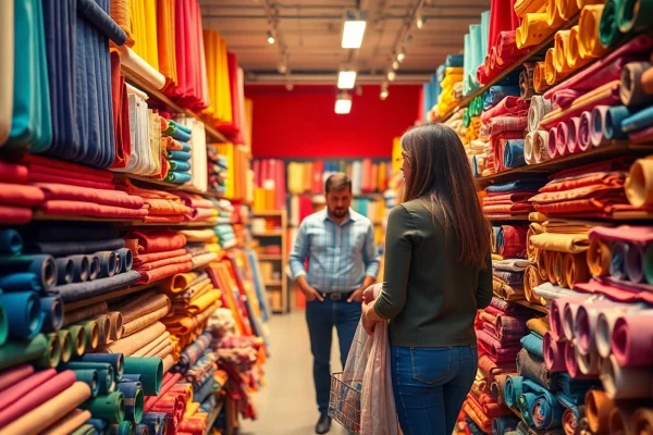 Stof kopen per meter met een klant die diverse stoffen in een winkel bekijkt.