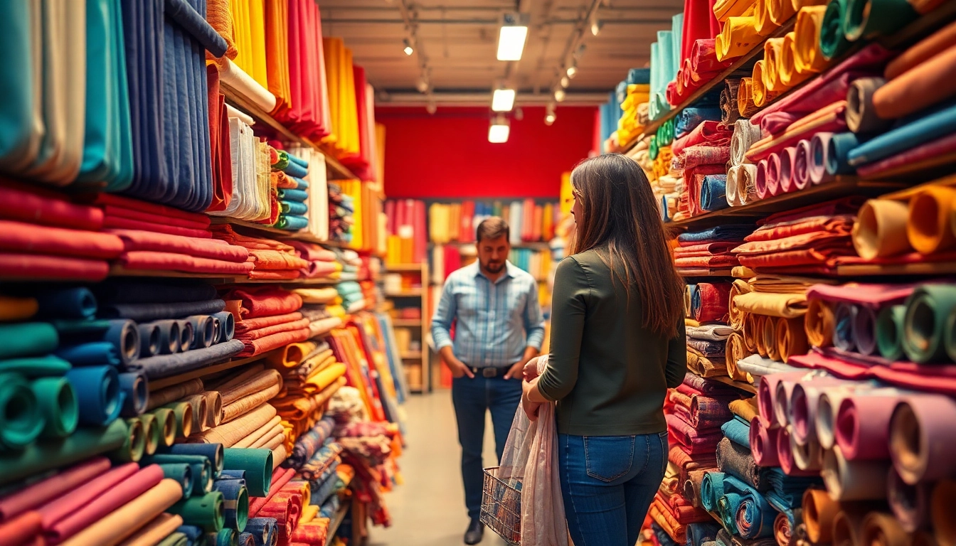Stof kopen per meter met een klant die diverse stoffen in een winkel bekijkt.
