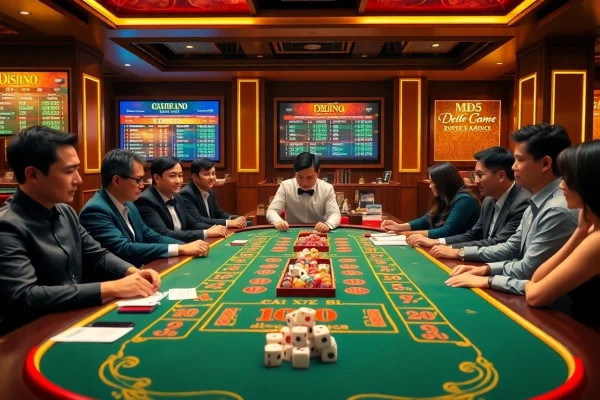 Players eagerly enjoy the exciting game tài xỉu md5 at a luxurious casino table, showcasing fair play.