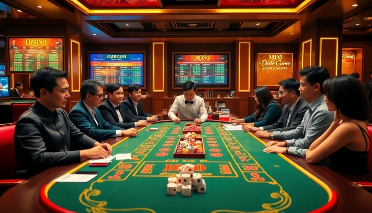 Players eagerly enjoy the exciting game tài xỉu md5 at a luxurious casino table, showcasing fair play.